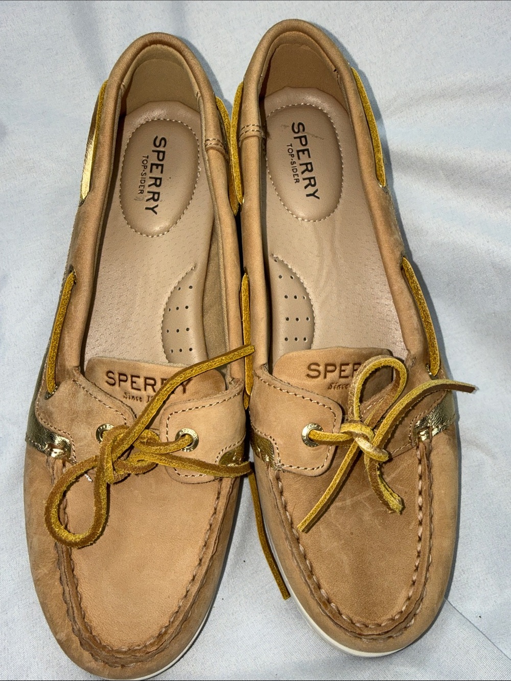 Sperry Tan Suede Moc Toe Boat Shoes with Gold Accents